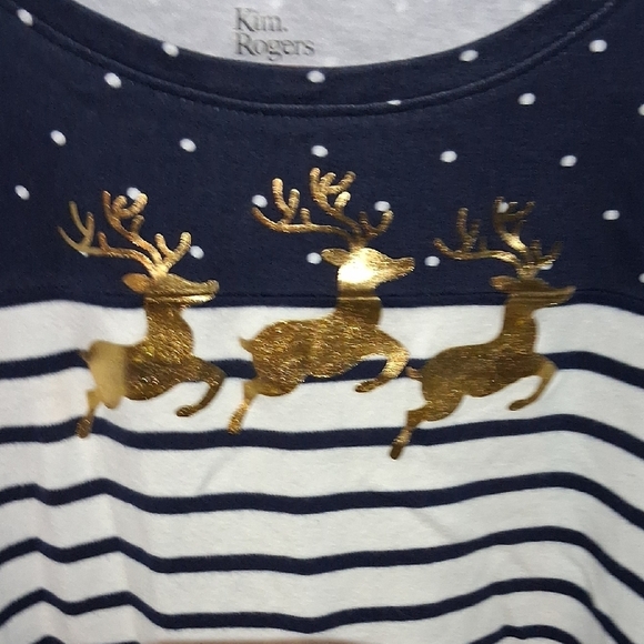 Karen Scott Navy and White Striped Top with Gold Reindeer - Picture 3 of 8